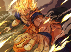 Rule 34 | angry, baggy pants, biceps, blonde hair, closed mouth, collarbone, commentary request, dougi, dragon ball, dragonball z, glaring, glowing, glowing hair, hair between eyes, highres, kouji08250, looking at viewer, muscular, muscular male, orange pants, outstretched arm, outstretched hand, pants, parted bangs, pectorals, smoke, son goku, spiked hair, standing, super saiyan, super saiyan 2, torn clothes, v-shaped eyebrows, wristband