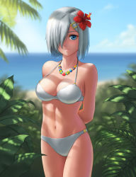 Rule 34 | 10s, 1girl, arms behind back, beach, bikini, blue eyes, blue sky, blurry, bokeh, branch, breasts, cleavage, cowboy shot, day, depth of field, eno ti deng, female focus, flower, hair flower, hair ornament, hair over one eye, hairclip, hamakaze (kancolle), hibiscus, highres, kantai collection, large breasts, light smile, looking at viewer, navel, outdoors, palm tree, revision, short hair, silver hair, sky, solo, strap gap, swimsuit, tree, white bikini