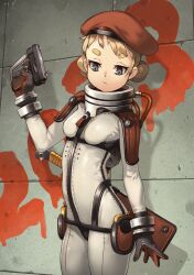 Rule 34 | 1girl, absurdres, beret, blonde hair, breasts, closed mouth, cowboy shot, double bun, grey eyes, gun, hair bun, hat, highres, holding, holding gun, holding weapon, holster, leotard, machete, original, plugsuit, red hat, scabbard, sheath, skin tight, small breasts, solo, standing, vins-mousseux, weapon, white leotard