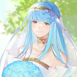 Rule 34 | 1girl, blue hair, bouquet, bride, bride (fire emblem), closed mouth, crying, crying with eyes open, dress, fire emblem, fire emblem: the blazing blade, fire emblem heroes, flower, highres, kyufe, long hair, ninian, nintendo, red eyes, smile, solo, tears, upper body, wedding dress