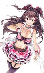 Rule 34 | 1girl, :3, blue eyes, breasts, brown hair, cleavage, earrings, garter straps, ichinose shiki, idolmaster, idolmaster cinderella girls, idolmaster cinderella girls starlight stage, jewelry, long hair, looking at viewer, medium breasts, motoki (hisano motoki), navel, simple background, solo, thighhighs, two side up, wavy hair, white background