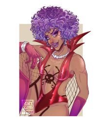 Rule 34 | 1girl, 2022, bracelet, cape, chest tattoo, collared leotard, commentary, curly hair, earrings, emporio ivankov, english commentary, eyeshadow, fishnet thighhighs, fishnets, garter straps, gloves, highres, jewelry, leotard, long eyelashes, looking at viewer, makeup, mascara, medium hair, necklace, one piece, open mouth, pearl necklace, plunging neckline, purple eyeshadow, purple hair, purple lips, red leotard, rory221b, smile, tattoo, thighhighs
