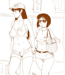 Rule 34 | 2girls, azumanga daiou, blush, breasts, breasts out, cat, cleft of venus, closed mouth, hat, highres, holding hands, kaori (azumanga daioh), large breasts, long hair, microskirt, midriff, monochrome, multiple girls, navel, nipples, no bra, no panties, open clothes, open mouth, open shorts, pussy, ragathol, sakaki (azumanga daioh), see-through, short hair, shorts, skirt, small breasts, smile, sunglasses, tank top, yuri