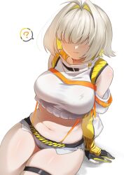 Rule 34 | 1girl, ?, ahoge, belly, black gloves, blonde hair, breasts, clothing cutout, crop top, cropped sweater, elegg (nikke), exposed pocket, gloves, goddess of victory: nikke, grey shorts, hair intakes, hair over eyes, highres, large breasts, long bangs, long sleeves, looking at viewer, micro shorts, multicolored clothes, multicolored gloves, multicolored hair, navel, sha (shareddelicious), short hair, shorts, shoulder cutout, sitting, skindentation, solo, spoken question mark, suspender shorts, suspenders, thigh strap, thighs, two-tone hair, yellow gloves