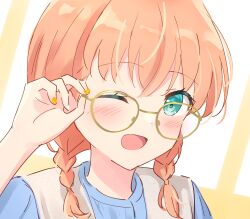 Rule 34 | 1girl, ;d, absurdres, adjusting eyewear, alternate hairstyle, aqua eyes, bespectacled, blue shirt, blush, braid, close-up, crossed bangs, glasses, hashtag-only commentary, highres, hinoshita kaho, link! like! love live!, looking at viewer, love live!, low twin braids, medium hair, multicolored nails, one eye closed, open mouth, orange hair, orange nails, portrait, shirt, smile, solo, twin braids, virtual youtuber, white nails, yellow-framed eyewear, yutuki ame
