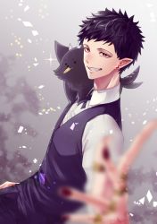 Rule 34 | 1boy, andro m. jazz, black fur, black hair, black vest, blurry, coin, creature, creature on shoulder, depth of field, earrings, fangs, gold coin, grin, jewelry, koyoihm, looking at viewer, mairimashita! iruma-kun, on shoulder, pointy ears, red eyes, shirt, short hair, slit pupils, smile, vest, white shirt
