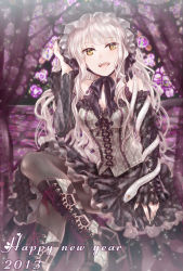 Rule 34 | 10s, 1girl, 2013, bad id, bad pixiv id, blonde hair, bonnet, boots, breasts, chinese zodiac, cleavage, detached sleeves, dress, gothic lolita, happy new year, highres, knee boots, lolita fashion, long hair, nail polish, neme, new year, original, pantyhose, slit pupils, snake, snake (chinese zodiac), solo, yellow eyes
