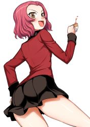 Rule 34 | 10s, 1girl, :d, black skirt, blush, brown eyes, cup, girls und panzer, hand on own hip, jacket, kumadano, long sleeves, looking back, open mouth, pleated skirt, red hair, red jacket, rosehip (girls und panzer), short hair, simple background, skirt, smile, solo, st. gloriana&#039;s military uniform, tea, teacup, white background
