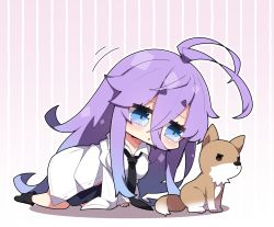 Rule 34 | 1girl, :&lt;, animal, black necktie, black skirt, black socks, blue eyes, blue hair, blush, breasts, collared shirt, commentary request, dog, dress shirt, fuyou-chan, gradient hair, hair between eyes, highres, imitating, medium breasts, milkpanda, multicolored hair, necktie, no shoes, original, parted lips, pink background, purple hair, shirt, short eyebrows, skirt, socks, solo, striped, striped background, thick eyebrows, triangle mouth, vertical stripes, white shirt
