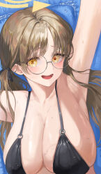 Rule 34 | 1girl, armpits, bikini, black bikini, blue archive, breasts, brown eyes, cleavage, egoswans, glasses, halo, highres, large breasts, light brown hair, long hair, looking at viewer, low twintails, moe (blue archive), moe (swimsuit) (blue archive), open mouth, round eyewear, smile, solo, swimsuit, tagme, twintails, yellow halo