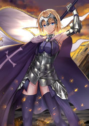 Rule 34 | 1girl, absurdres, alternate hair length, alternate hairstyle, arm up, armor, armored dress, armpits, banner, black thighhighs, blonde hair, blue cape, blue dress, blue eyes, cape, chain, dress, fate/apocrypha, fate (series), faulds, gauntlets, headpiece, highres, holding, jeanne d&#039;arc (fate), jeanne d&#039;arc (ruler) (fate), looking at viewer, outdoors, short hair, sleeveless, sleeveless dress, solo, standing, thighhighs, ying fa