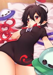 Rule 34 | 1girl, akagashi hagane, asymmetrical wings, black dress, black hair, blush, breasts, dress, dutch angle, finger to mouth, houjuu nue, legs together, looking to the side, lying, microdress, nail polish, on back, on bed, panties, pantyshot, pillow, pointy ears, red eyes, short hair, short sleeves, small breasts, solo, touhou, ufo, underwear, white panties, wings
