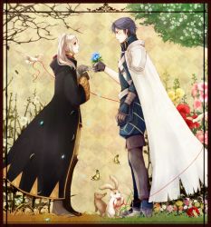 Rule 34 | 1boy, 1girl, armor, bare tree, bird, black gloves, blue eyes, blue hair, boots, border, bug, butterfly, cape, chrom (fire emblem), eye contact, fire emblem, fire emblem awakening, flower, from side, fukune, full body, gloves, holding, holding flower, insect, long coat, long hair, looking at another, nintendo, pauldrons, petals, profile, rabbit, robe, robin (female) (fire emblem), robin (fire emblem), shoulder armor, standing, string, string of fate, tree, twintails, white hair, withered, yellow eyes