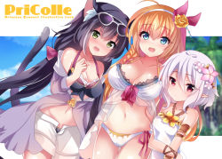 Rule 34 | 3girls, :d, ahoge, animal ear fluff, animal ears, bare shoulders, bikini, bikini under clothes, black bikini, black hair, blue eyes, blush, bow, braid, breasts, brown hair, brown rose, casual one-piece swimsuit, cat ears, cat girl, cat tail, cleavage, closed mouth, collarbone, commentary request, copyright name, dutch angle, fang, flower, green eyes, hair between eyes, hair bow, hair flower, hair ornament, hair ribbon, hairband, hand up, ichiyou moka, jacket, karyl (princess connect!), karyl (summer) (princess connect!), kokkoro (princess connect!), kokkoro (summer) (princess connect!), large breasts, long sleeves, looking at viewer, low twintails, medium breasts, multicolored hair, multiple girls, navel, nose blush, off shoulder, one-piece swimsuit, open clothes, open fly, open jacket, open mouth, open shorts, pecorine (princess connect!), pecorine (summer) (princess connect!), pink flower, pointy ears, princess connect!, purple jacket, red bow, red eyes, red ribbon, ribbon, rose, short shorts, shorts, side braid, single braid, small breasts, smile, streaked hair, swimsuit, tail, twintails, white bikini, white flower, white hair, white hairband, white one-piece swimsuit, white shorts