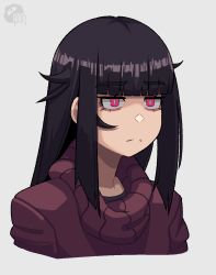 Rule 34 | 1girl, black hair, blunt bangs, calponpon, claire (calponpon), expressionless, grey background, long hair, original, pink eyes, portrait, shadow, simple background, solo, sweater