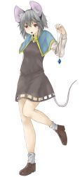 Rule 34 | 1girl, animal ears, capelet, eyebrows, full body, grey hair, highres, jewelry, long sleeves, loose socks, mouse ears, mouse tail, nazrin, netamaru, open mouth, pendant, red eyes, short hair, simple background, socks, solo, standing, standing on one leg, tail, touhou, white background