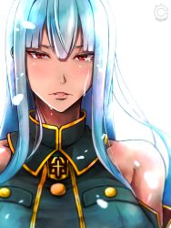 Rule 34 | 1girl, bare shoulders, blush, breasts, cilica, crying, crying with eyes open, frown, highres, large breasts, long hair, looking at viewer, military, military uniform, parted lips, red eyes, selvaria bles, senjou no valkyria (series), silver hair, sleeveless, solo, tears, tsurime, uniform, upper body