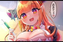Rule 34 | 1girl, blonde hair, blunt bangs, blush, breasts, bright pupils, cleavage, fang, hairband, highres, holding, holding syringe, hololive, horns, kiryu coco, kiryu coco (1st costume), large breasts, looking at viewer, multicolored hair, open mouth, orange hair, pointy ears, red eyes, sakuramochi (sakura frappe), skin fang, smile, solo, speech bubble, syringe, upper body, virtual youtuber, white pupils