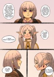 Rule 34 | 2girls, aged up, alternate hairstyle, basedlida, closed eyes, comic, earrings, elf, en, english text, fern (sousou no frieren), grey hair, highres, jewelry, multiple girls, old, old woman, pointy ears, pout, right-to-left comic, smile, sousou no frieren, speech bubble, white hair