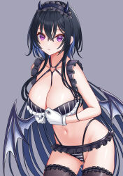 Rule 34 | 1girl, absurdres, alternate breast size, bikini, black bikini, black hair, black horns, black thighhighs, blue hair, breasts, chest harness, colored inner hair, demon girl, demon horns, demon tail, demon wings, frilled bikini, frilled gloves, frilled thighhighs, frills, gloves, grey background, grey wings, hairband, harness, haruo860, heart o-ring, highleg, highleg bikini, highres, horns, ichinose uruha, large breasts, lolita hairband, long hair, looking at viewer, low wings, multi-strapped bikini bottom, multicolored hair, navel, o-ring, parted lips, purple eyes, simple background, solo, string bikini, striped bikini, striped clothes, swimsuit, tail, thighhighs, vertical-striped bikini, vertical-striped clothes, very long hair, virtual youtuber, vspo!, white gloves, wings