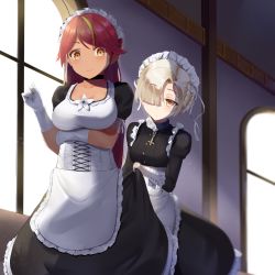 Rule 34 | 2girls, absurdres, alternate costume, apron, arm under breasts, azur lane, behind another, black choker, black dress, blonde hair, blunt bangs, blurry, blurry background, blush, braid, breasts, buttons, choker, cleavage, closed mouth, collar, collarbone, corset, cross, cross choker, dark-skinned female, dark skin, day, dress, enmaided, flower, frilled apron, frills, gloves, hair over one eye, hand up, highres, indoors, jamaica (azur lane), juliet sleeves, large breasts, lifting another&#039;s clothes, light brown hair, light smile, long hair, long sleeves, looking at viewer, maid, maid headdress, mengo, metal collar, multicolored hair, multiple girls, orange eyes, parted lips, puffy short sleeves, puffy sleeves, red hair, sheffield (azur lane), short hair, short sleeves, small breasts, smile, standing, streaked hair, sunlight, swept bangs, waist apron, white apron, white flower, white gloves, window