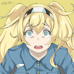 Rule 34 | 1girl, blonde hair, blue eyes, blue shirt, collared shirt, commentary request, dilated pupils, gakky, gambier bay (kancolle), hairband, kantai collection, long hair, looking at viewer, one-hour drawing challenge, shirt, solo, twintails, upper body