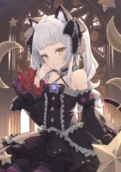 Rule 34 | 1girl, absurdres, animal ears, bare shoulders, black dress, blunt bangs, blush, bow, choker, closed mouth, commentary request, cowboy shot, detached sleeves, dress, finger to mouth, frilled dress, frills, gothic lolita, halterneck, hand up, highres, hololive, indoors, lolita fashion, long hair, long sleeves, looking at viewer, murasaki shion, murasaki shion (gothic lolita), off-shoulder dress, off shoulder, ribbon, silver hair, smile, solo, star (symbol), star print, starfish, tam-u, twintails, virtual youtuber, yellow eyes