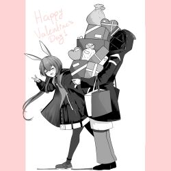 Rule 34 | 1girl, 1other, :d, amiya (arknights), animal ears, arknights, bag, bee (user cwsv3353), blush, carrying bag, closed eyes, doctor (arknights), dot nose, facing viewer, from side, greyscale with colored background, hair between eyes, hand up, happy valentine, highres, hood, hood up, hooded jacket, jacket, jewelry, long hair, long sleeves, mask, multiple rings, open clothes, open jacket, open mouth, outside border, pants, pantyhose, pillarboxed, ponytail, rabbit ears, rabbit girl, ring, shoes, smile, tote bag, v