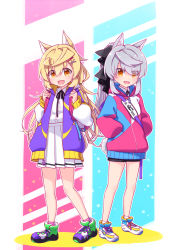 Rule 34 | 2girls, :d, backpack, bag, black bow, black ribbon, blonde hair, bow, brown eyes, collared shirt, colored shadow, commentary request, eyes visible through hair, grey hair, hair between eyes, hair bow, hair ornament, hairclip, hands in pockets, harada (sansei rain), highres, hood, hood down, hooded jacket, jacket, long hair, long sleeves, looking at viewer, multiple girls, neck ribbon, open clothes, open jacket, open mouth, original, pink jacket, pleated skirt, puffy long sleeves, puffy sleeves, purple footwear, purple jacket, ribbon, shadow, shirt, shoes, skirt, smile, standing, very long hair, white footwear, white shirt, white skirt, x hair ornament