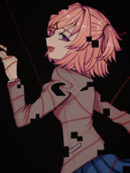 Rule 34 | 1girl, :d, arms behind back, black background, blazer, blue skirt, bob cut, breasts, brown jacket, commentary, doki doki literature club, dress shirt, english commentary, entangled, eyelashes, fang, from side, glitch, hair intakes, hair ornament, hair ribbon, hand up, highres, jacket, long sleeves, looking at viewer, natsuki (doki doki literature club), open mouth, pink eyes, pink hair, pleated skirt, profile, red ribbon, ribbon, school uniform, sebon (sebochin), shirt, short hair, simple background, skirt, small breasts, smile, solo, string, string of fate, sweat, swept bangs, two side up, upper body, warped, white shirt, x hair ornament