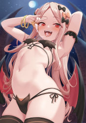 Rule 34 | 1girl, abigail williams (fate), arm behind head, arm up, armpits, bare shoulders, bikini, black bikini, black bow, black thighhighs, blush, bow, bracelet, breasts, fate/grand order, fate (series), food, forehead, highres, jewelry, long hair, looking at viewer, micro bikini, milkshakework, multiple bows, navel, night, night sky, open mouth, orange bow, parted bangs, polka dot, polka dot bow, red eyes, sidelocks, sky, small breasts, smile, solo, swimsuit, thighhighs, thighs, tongue, tongue out