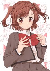 Rule 34 | 1girl, aijou karen, blush, bow, bowtie, brown eyes, brown hair, collared shirt, crown hair ornament, fingernails, floral background, grey jacket, grey skirt, hair ornament, hairclip, hands up, high-waist skirt, highres, jacket, long sleeves, looking at viewer, nori (cheiwbciwkxbdjr), open clothes, open jacket, parted lips, pleated skirt, red background, red bow, red bowtie, school uniform, seishou music academy uniform, shirt, shirt tucked in, short hair, shoujo kageki revue starlight, skirt, solo, swept bangs, two-tone background, two side up, upper body, white background, white shirt