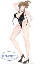 Rule 34 | 1girl, absurdres, alternate costume, arm up, black one-piece swimsuit, blue eyes, brown footwear, brown hair, covered navel, folded ponytail, full body, hair over one eye, high heels, highleg, highleg swimsuit, highres, legs, long hair, mi mi ham, one-piece swimsuit, shoes, sidelocks, simple background, solo, swimsuit, tales of (series), tales of the abyss, tear grants, thighs, twitter username, white background