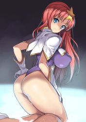 Rule 34 | 00s, 1girl, ass, blue eyes, blush, breasts, covered erect nipples, gloves, gundam, gundam seed, gundam seed destiny, hair ornament, kneeling, large breasts, leotard, long hair, looking at viewer, meer campbell, nagase haruhito, pink hair, smile, solo, star (symbol), star hair ornament, thong leotard, wet, white gloves