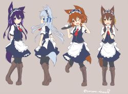 Rule 34 | 10s, 4girls, ;d, akatsuki (kancolle), alternate costume, animal ears, apron, arms behind back, black hair, blue eyes, boots, brown eyes, brown footwear, brown hair, cross-laced footwear, cup, dog ears, dog tail, dress shirt, enmaided, folded ponytail, hibiki (kancolle), ikazuchi (kancolle), inazuma (kancolle), kantai collection, kemonomimi mode, knee boots, lace-up boots, looking at viewer, maid, maid apron, maid headdress, multiple girls, necktie, one eye closed, open mouth, own hands clasped, own hands together, pantyhose, shirt, short hair, silver hair, smile, surume aburi, tail, teacup, thighhighs, tray, twitter username, waist apron, wavy mouth