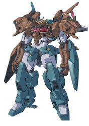 Rule 34 | absurdres, arm shield, arms at sides, commentary request, full body, fusion, green eyes, gundam, gundam lfrith thorn, gundam lfrith ur, gundam suisei no majo, highres, legs apart, looking ahead, mecha, mobile suit, niao san shi, no humans, open hands, robot, science fiction, simple background, solo, standing, v-fin, white background