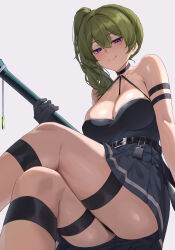 Rule 34 | 1girl, absurdres, armband, ass, bannou ippoutsukou, bare shoulders, black dress, black gloves, black panties, blush, breasts, closed mouth, commentary request, crossed legs, dress, gloves, green hair, highres, holding, holding polearm, holding weapon, large breasts, looking at viewer, panties, polearm, purple eyes, side ponytail, sitting, skindentation, sleeveless, sleeveless dress, smile, sousou no frieren, thick thighs, thigh strap, thighs, ubel (sousou no frieren), underwear, weapon