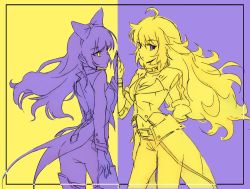 Rule 34 | 2girls, ahoge, blake belladonna, bow, breasts, cleavage, color connection, commentary, hair bow, iesupa, inverted colors, jacket, long hair, medium breasts, multiple girls, navel, pants, purple background, purple eyes, rwby, small breasts, yang xiao long, yellow background, yellow eyes