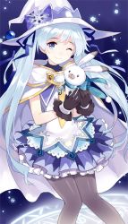 Rule 34 | 1girl, apring, bad id, bad pixiv id, blue eyes, blue hair, cape, gloves, hat, hatsune miku, long hair, matching hair/eyes, one eye closed, pantyhose, smile, snowflakes, solo, twintails, very long hair, vocaloid, witch hat, yuki miku, yukine (vocaloid)