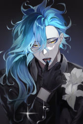 Rule 34 | 1boy, black jacket, black shirt, black thighhighs, blue eyeshadow, blue hair, blue lips, boutonniere, collared shirt, commentary, crossed bangs, english commentary, eyelashes, eyeshadow, fiery hair, flower, glint, gloves, grey background, hair between eyes, hand up, highres, hite (fuii0077), idia shroud, jacket, lipstick, long hair, long sleeves, looking at viewer, makeup, male focus, open mouth, pale skin, parted bangs, sharp teeth, shirt, sidelocks, solo, teeth, thighhighs, tongue, tongue out, twisted wonderland, upper body, white flower, yellow eyes