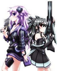 Rule 34 | 10s, 2girls, adult neptune, bangle, bare shoulders, black hair, blush, bow, bracelet, breasts, choujigen game neptune mk2, cleavage, collar, cowboy shot, d-pad, dress, elbow gloves, female focus, fingerless gloves, gloves, gun, hair bow, hair ornament, hair ribbon, handgun, holster, hood, hooded track jacket, hoodie, jacket, jewelry, long hair, looking at viewer, mizunashi (second run), multiple girls, neptune (neptunia), neptune (series), no pants, open mouth, parted lips, pistol, purple eyes, purple hair, red eyes, ribbon, shin jigen game neptune vii, simple background, small breasts, standing, thigh holster, track jacket, trigger discipline, two side up, uni (neptunia), weapon, white background