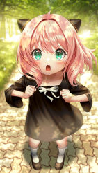Rule 34 | 1girl, absurdres, ahoge, anya (spy x family), black dress, black footwear, blush, bow, collarbone, commentary request, day, dress, full body, green eyes, hair between eyes, hair intakes, highres, inosia, long sleeves, looking at viewer, open mouth, outdoors, pink hair, shoes, socks, solo, spy x family, standing, teeth, upper teeth only, white bow, white socks