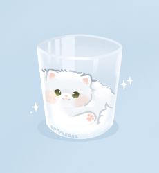 Rule 34 | :3, animal, animal focus, artist name, blue background, cat, closed mouth, commentary request, cup, glass, green eyes, highres, kapebeansies, kitten, looking at viewer, no humans, original, shadow, simple background, sparkle, squishing