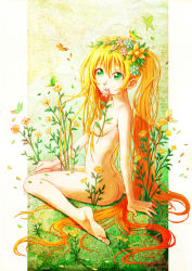 Rule 34 | 1girl, arm support, ass, barefoot, blonde hair, bug, butterfly, censored, convenient censoring, feet, flat chest, flower, green eyes, hair flower, hair ornament, bug, long hair, nude, pavelnedved11, sitting, solo, very long hair, wariza