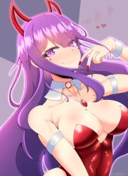 Rule 34 | 1girl, akuma nihmune, animal ears, blush, breasts, collar, commentary, demon girl, demon horns, detached collar, english commentary, facial tattoo, fake animal ears, heart, heart tattoo, highres, horns, indie virtual youtuber, large breasts, leotard, long hair, looking at viewer, mole, mole under eye, musical note, nail polish, ophimon, playboy bunny, purple eyes, purple hair, rabbit ears, red leotard, red nails, smile, tattoo, virtual youtuber, white collar, white wrist cuffs, wrist cuffs