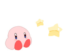 Rule 34 | 1boy, blue eyes, blush, colored skin, copyright request, kirby, non-web source, pink skin, simple background, sitting, solo, star (symbol), white background