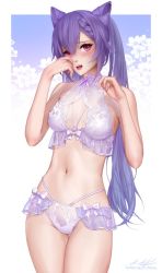 Rule 34 | 1girl, alternate costume, asymmetrical hair, blush, braid, breasts, cone hair bun, flower, french braid, genshin impact, hair bun, keqing (genshin impact), long hair, m alexa, medium breasts, midriff, navel, open mouth, patterned clothing, purple hair, red eyes, ribbon, shy, signature, solo, standing, stomach, thighs, tongue, twintails, underwear, watermark