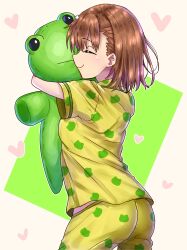 Rule 34 | 1girl, absurdres, animal print, ass, brown hair, closed eyes, closed mouth, ebora, frog print, from side, gekota, highres, holding, holding stuffed toy, medium hair, misaka mikoto, hugging object, pajamas, print pajamas, short sleeves, smile, stuffed animal, stuffed frog, stuffed toy, toaru kagaku no railgun, toaru majutsu no index, two-tone background, yellow pajamas