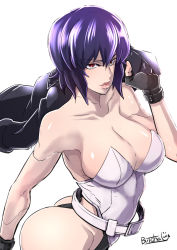 Rule 34 | 1girl, ass, bare shoulders, belt, black gloves, breasts, butcha-u, cleavage, commentary request, curvy, cyborg, fingerless gloves, ghost in the shell, gloves, highleg, highleg leotard, highres, huge ass, impossible clothes, impossible leotard, jacket, joints, kusanagi motoko, large breasts, leather, leather jacket, leotard, lips, looking at viewer, loose belt, purple hair, red eyes, revealing clothes, robot joints, shiny skin, short hair, solo, thong leotard, tomboy, two-tone leotard, unworn jacket, white background, white leotard, wide hips