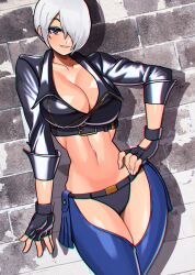Rule 34 | 1girl, akisu k, angel (kof), black jacket, breasts, chaps, cleavage, crop top, cropped jacket, fingerless gloves, gloves, hair over one eye, jacket, large breasts, leather, leather jacket, linea alba, looking at viewer, midriff, navel, pants, revealing clothes, short hair, smile, solo, strapless, teeth, the king of fighters, white hair